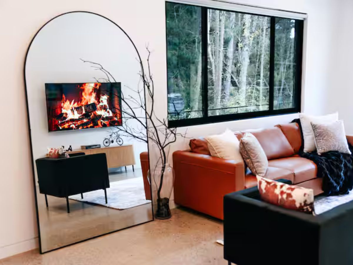 Cozy living space with wood textures and elegant furnishings